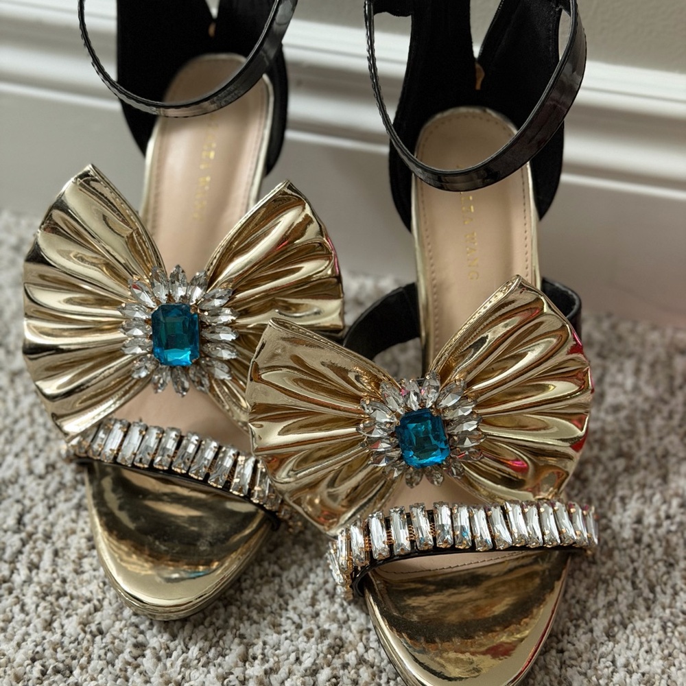 Gold Crystal Bow Platform Heels with Turquoise Gem - Women Shoes Heels